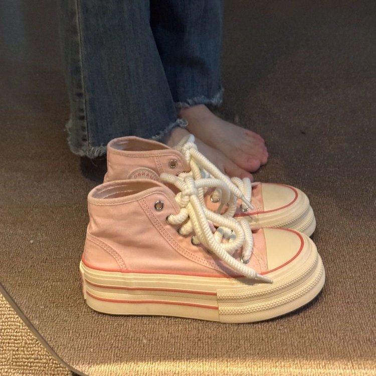 2024 Autumn and Winter New Niche Fashion Chic Board Shoes Dopamine High-top Canvas Shoes Women's Platform Casual White Shoes
