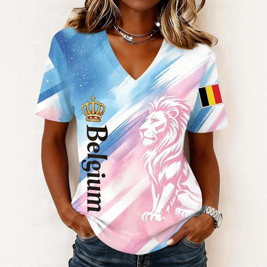 Women's Short Sleeve V-Neck T-Shirt with Soccer Flag Print for Casual Day Wear