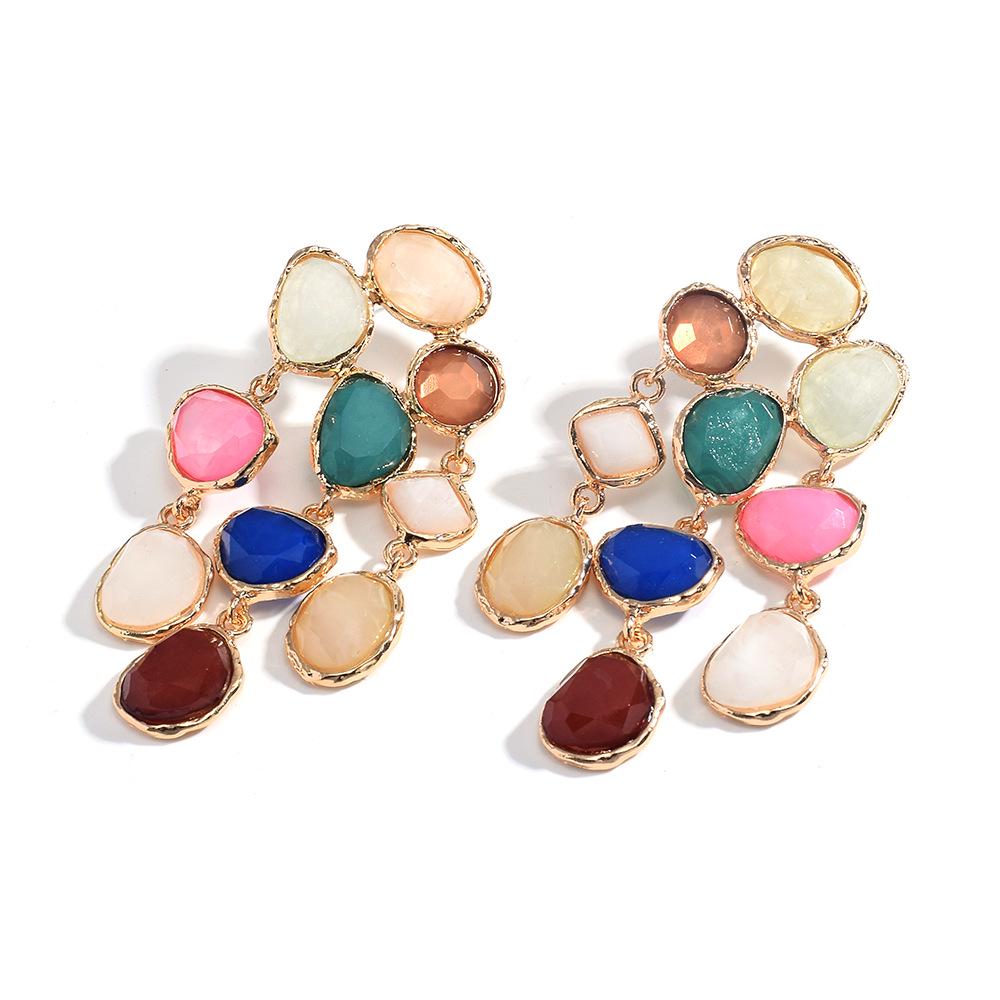 Bohemian Geometric Gem Dangle Earrings – Colorful Retro Resin Design for Women