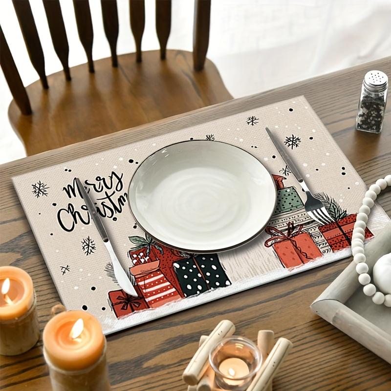 4pcs/6pcs Winter Christmas Placemats, Santa Claus, Colorful Gift Boxes, Snowflake Washable Linen Table Mats, Suitable for Kitchen Dining Table Decor,