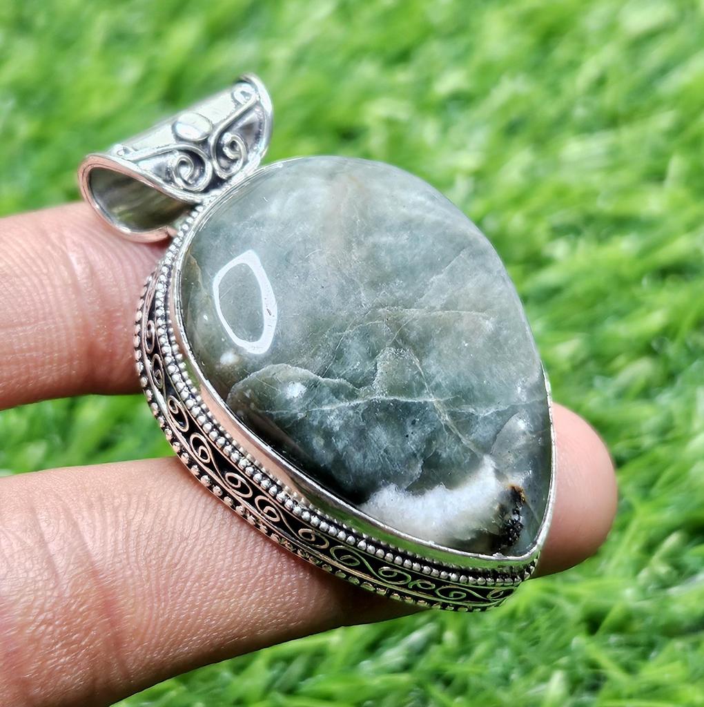 Natural Green Moonstone Pendant 925 Sterling Silver Pendant Pear Shape Silver Pendant Gift for Her