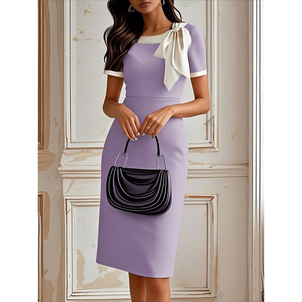 Crew Neck Bow Contrasting Color Slim Dress Splicing Socialite Party Banquet Dress