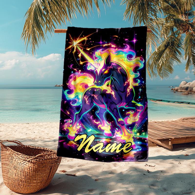 Custom Name Ultra-Soft Beach Towel with Unicorn Theme,Ideal for Pool - Camping, Diving - Perfect Travel Essential, Vibrant Beach Towel.