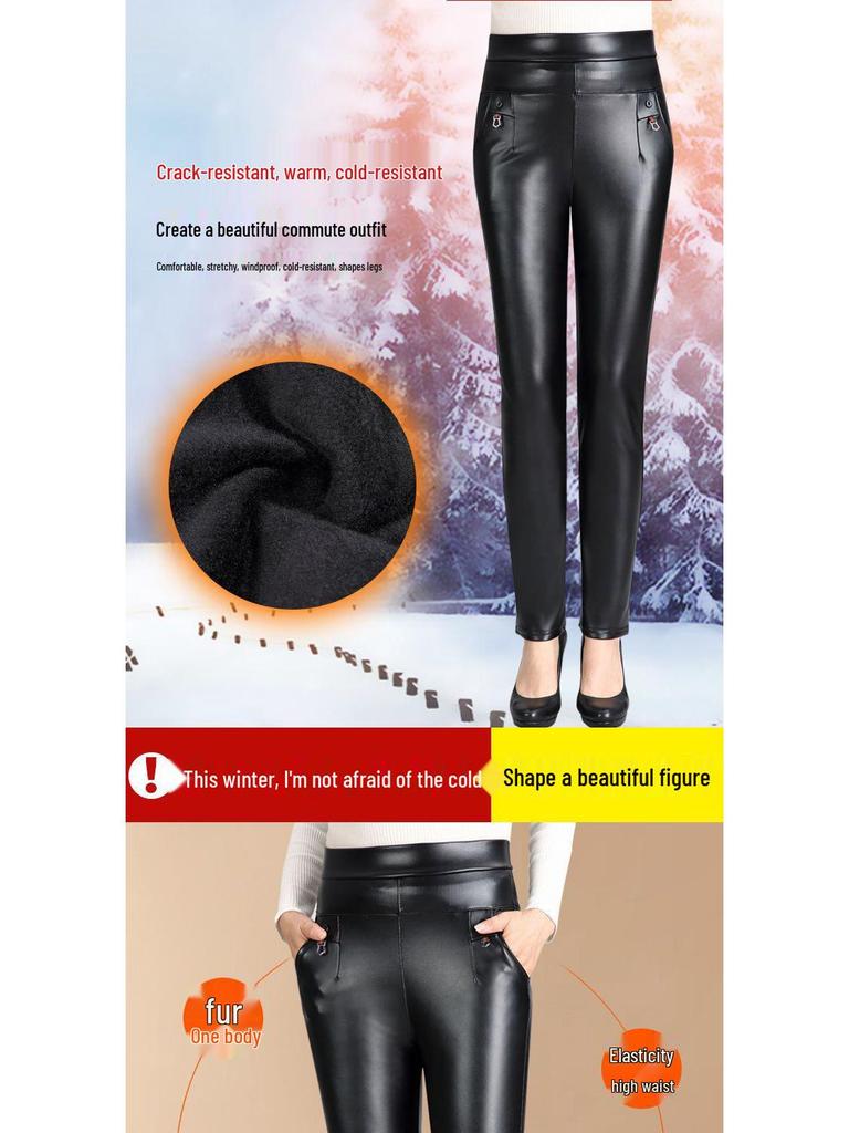 Mom's High-Waisted Leather Pants: Winter Plus Velvet Straight-Leg Style for Middle-Aged & Elderly Women