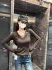 Korean Style Brushed Velvet V-Neck Lace Trim Slim Fit Women's Top