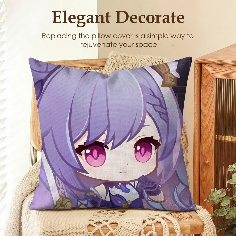 Keqing Cute Genshin Impact Cushion Cover Natural Linen Organic Fabric Double-Sided Printing Sofa Home Decor Gift Pillow Case