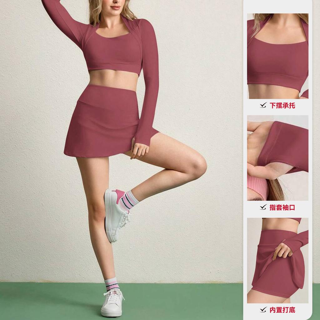 Tennis sports short skirt anti-light suit, women's chest pad sports fitness long-sleeved yoga suit set