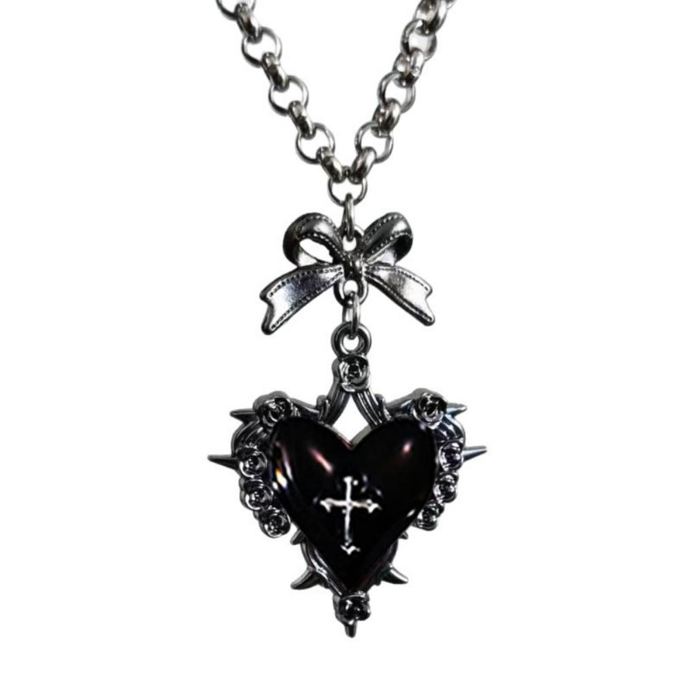 Geometric Thorn Cross Heart Pendant Necklace for Women Retro Sweet Bowknot Clavicle Chain Gothic Punk Jewelry Gift