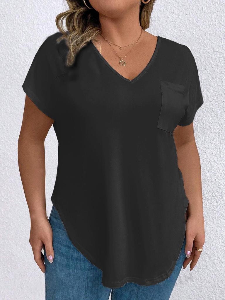 Plus Size Women's V-Neck Short Sleeve Loose Pullover T-Shirt - Solid Color for Spring/Autumn 2026
