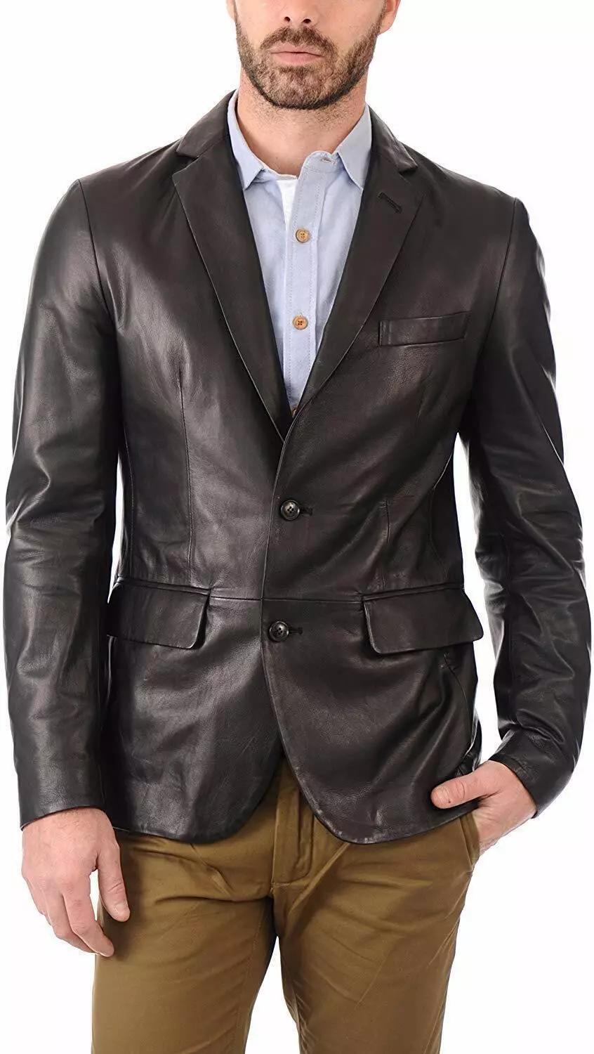 

Стильный деловой черный пиджак ручной работы из овчины, 100% мужская кожа 3XL чёрный