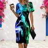 Women Plus Size Round Neck Short Sleeve Blue Green Smoke Printed Fitted Midi Dress