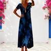 Women Plus Size V Neck Short Sleeve Printed Navy Blue Maxi Dress