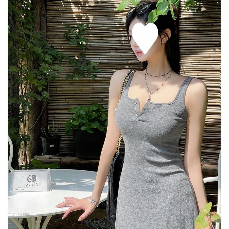 Grey suspender dress women's summer texture high-end sense slim and thin pear-shaped figure hip-wrapped long skirt