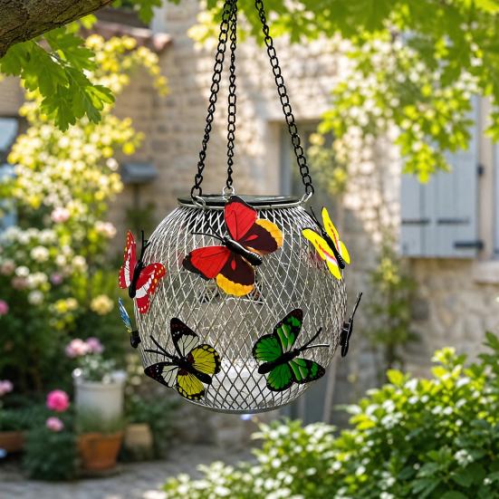 Solar-Schmetterlings-Hängeleuchte mit LED, Wasserdicht für den Außenbereich, Farbwechselnde Metall-Gartenlampe mit Kette, Solar-Garten-Hängekugel für Terrasse