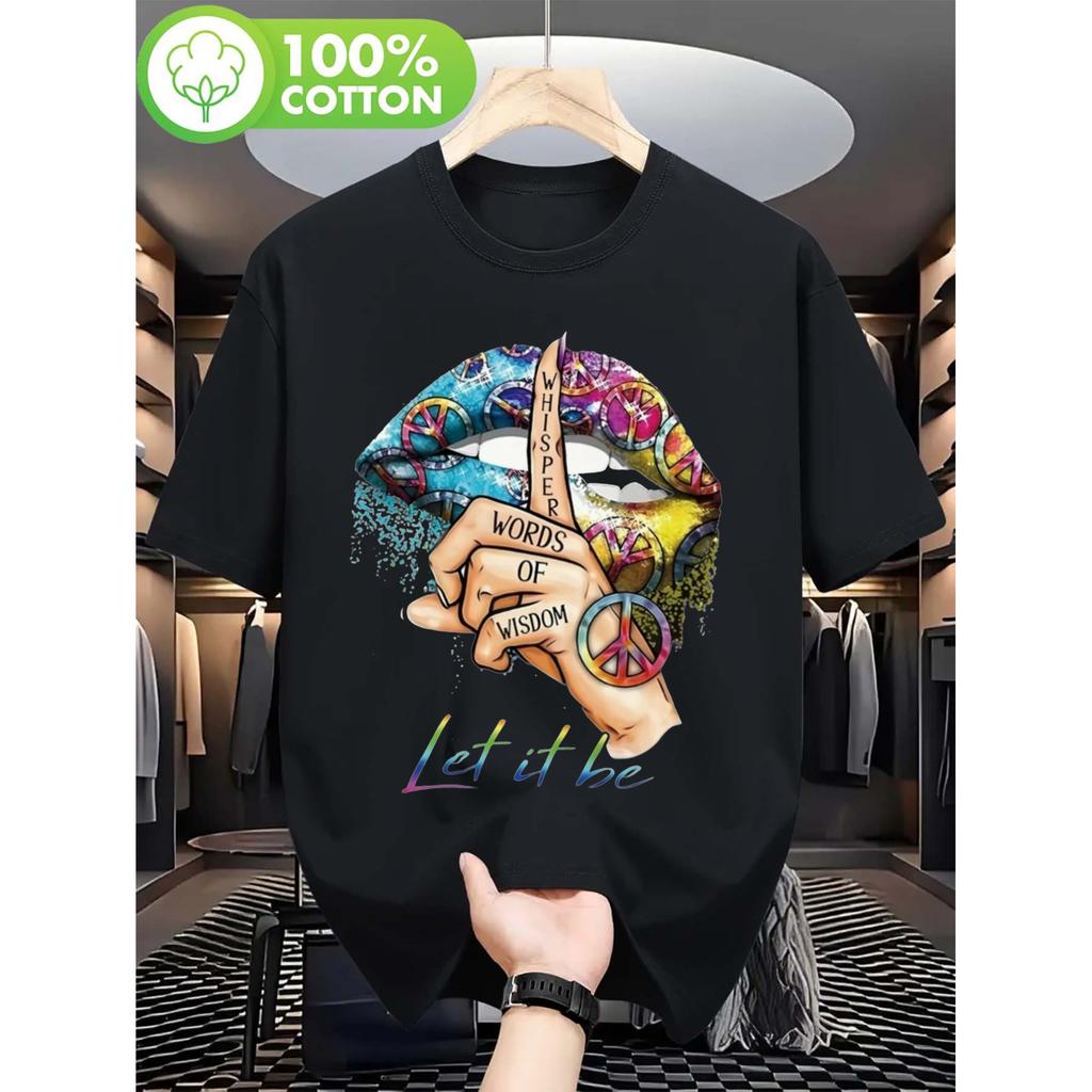 Peaceful Wisdom Whisper Lips Let It Be Graphic TShirt Soft Cotton Short Sleeve Casual Tee for Men