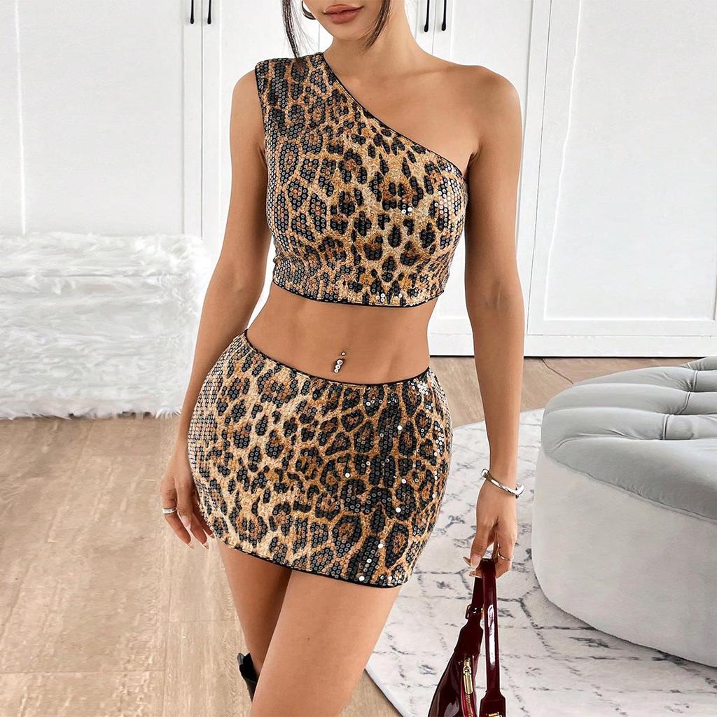 Exklusives Leo-Pailletten-Einteiler-Crop-Top mit einer Schulter und Minirock-Set für Damen