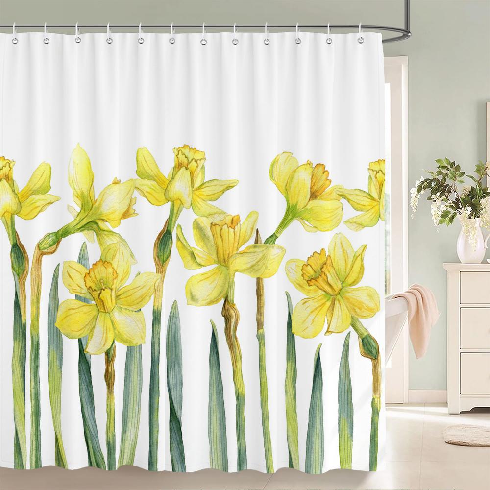 Plum Blossom Flower Leaves Shower Curtain Watercolor Plant Floral Pattern Waterproof Polyester Bathroom Curtain Decor With Hooks