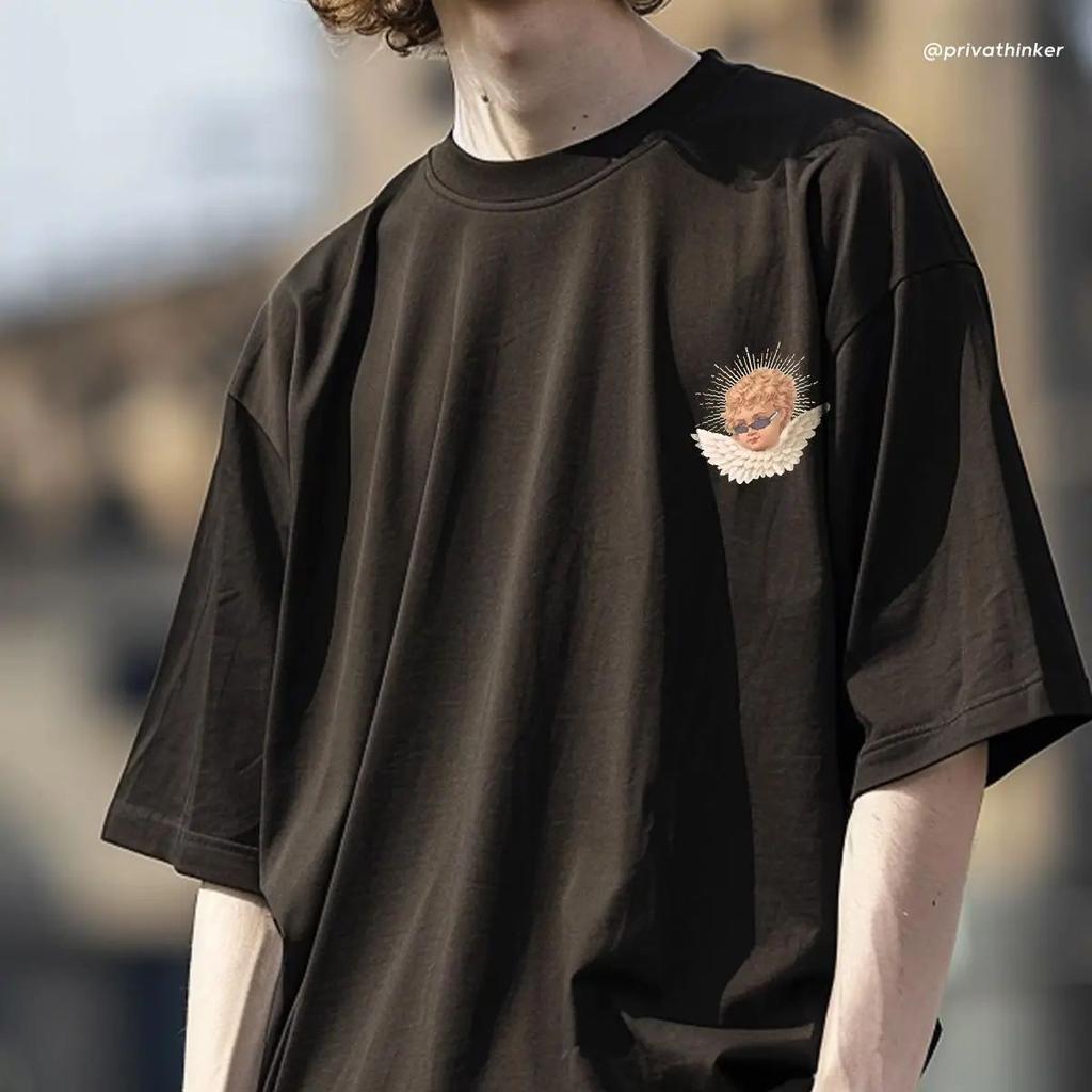 Cute Angel Men Oversized Cotton T-shirts Short Sleeve Hip Hop Tops For Male Fashion Summer Clothing Streetwear O-neck Tees