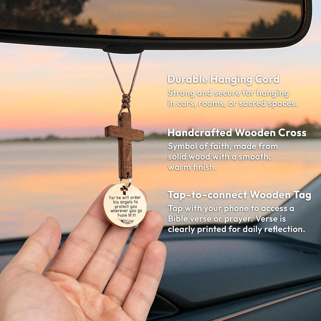 Cross for Car Mirror Hanging Christian Gifts for Men, Women, Bible Study - Scan Phone for Daily Bible Verse Car Rearview Decor Accessories, Jesus