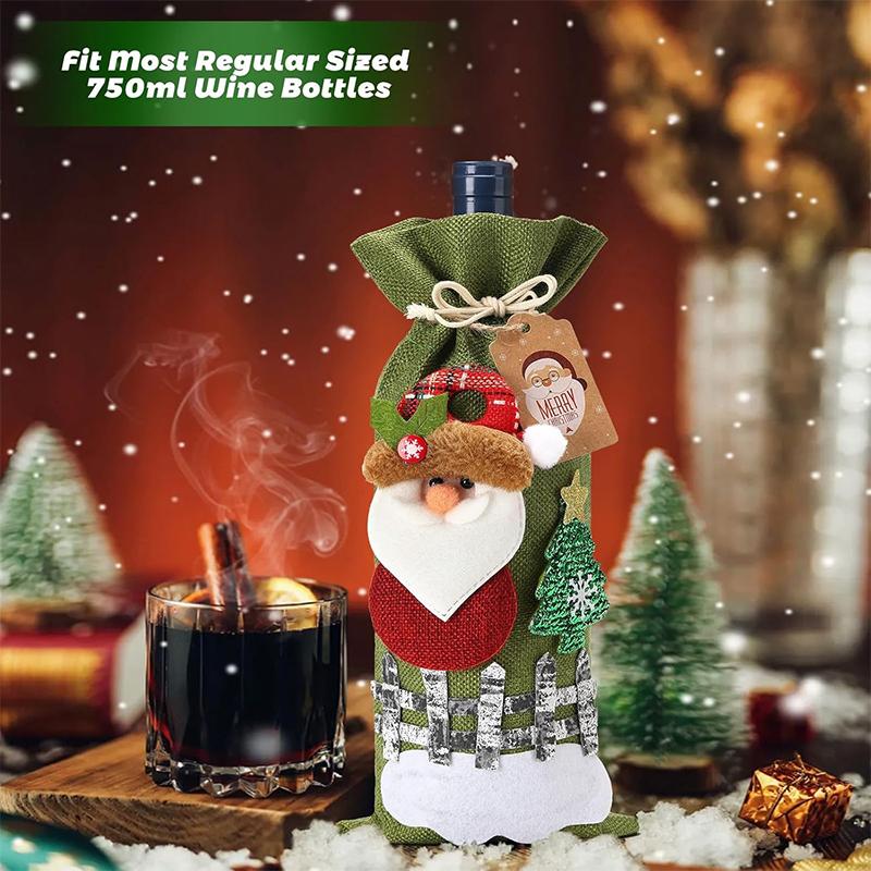 Christmas Wine Bottle Bags Burlap Wine Bags with Drawstring Santa Snowman 3D Pattern Design Reusable Christmas Wine Bottle Cover