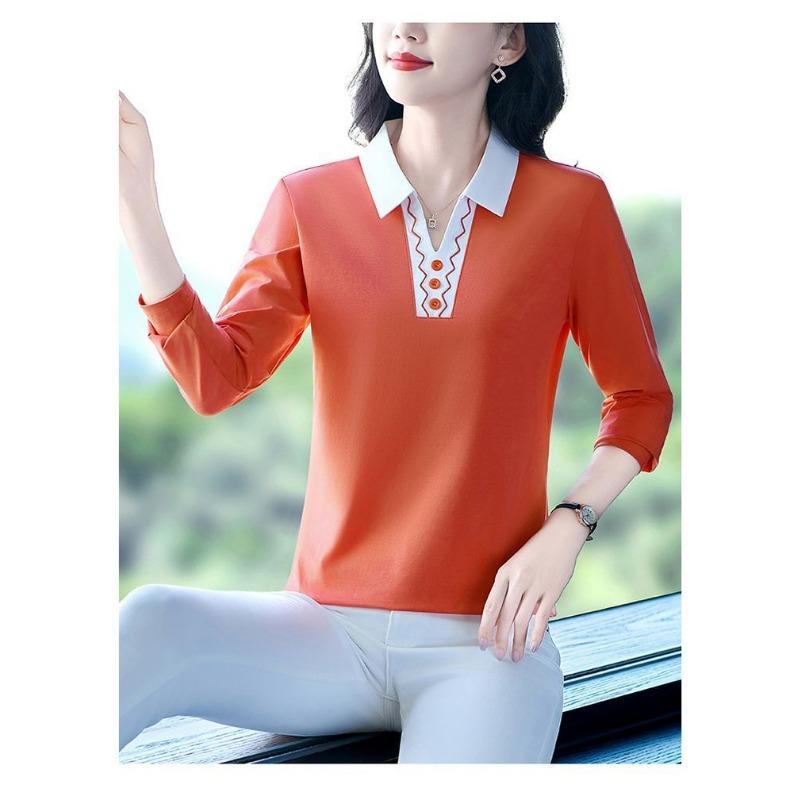Spring Women Contrast Collar 3/4 Sleeve Button Decor Wavy Trim Blouse