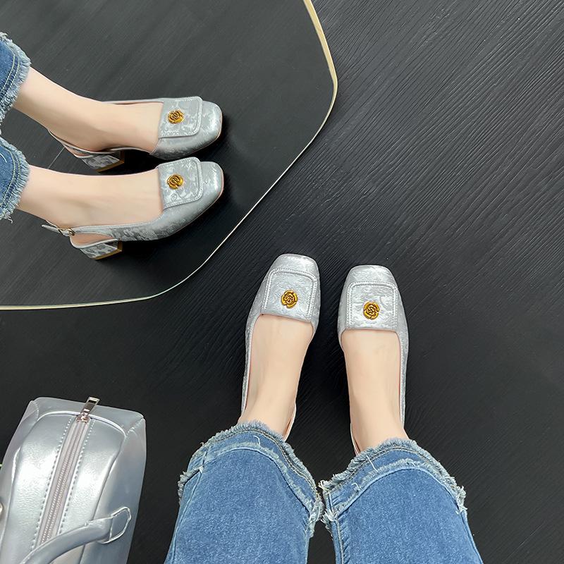 Summer Retro Square Head Thick Heel Mary Jane Shoes Camellia Single Shoes Bag Head Empty Sandals Women