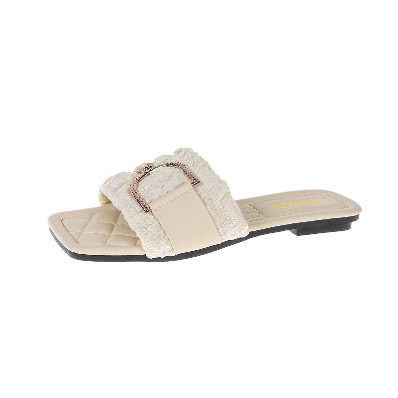 2024 Summer Women Slippers Leather Square Toe Women Flats Flip Flops Designer Ladies Slides Sandals Women Shoes Luxury Sandals