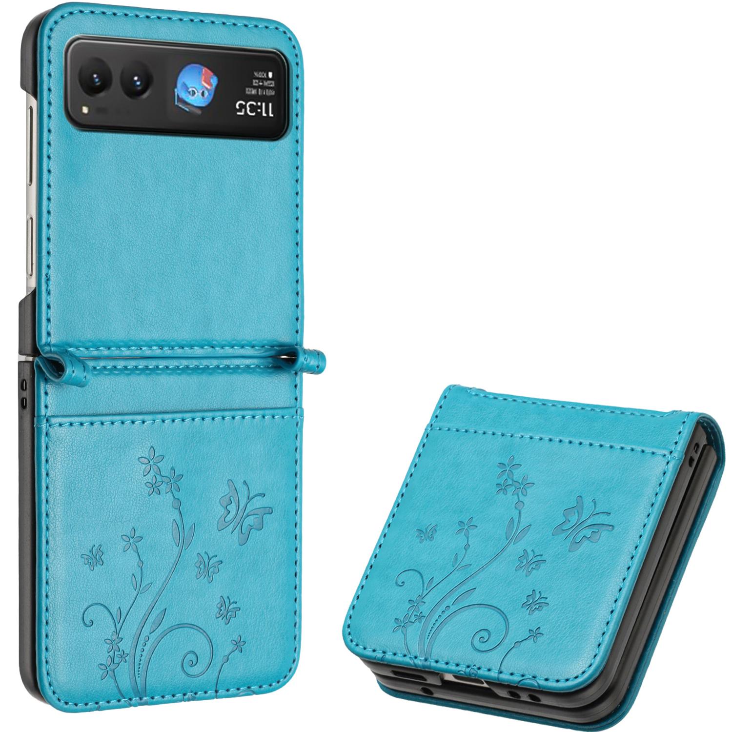 

Для Motorola Razr 40 5G Чехол Кожаный чехол для телефона с оттиском цветка и держателем для карт Blue