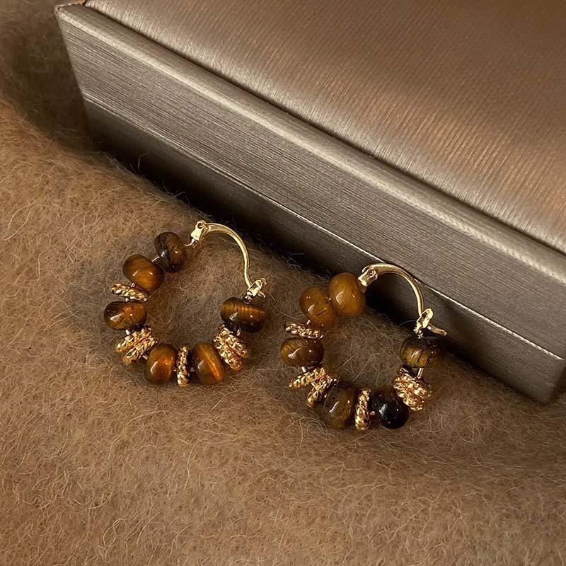 Maillard artificial tiger's eye stone ear buckle retro fashion high-end earrings light luxury temperament earrings