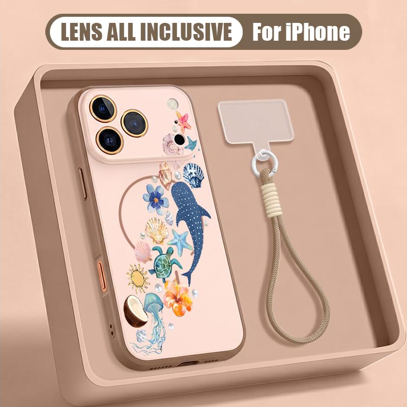 Custodia con Cinturino a Mano Stampa Pesci dell'Oceano Squalo Per iPhone 17 Pro Max iPhone 16 15 14 13 Pro Max Magnetica Per Magsafe Ibrida TPU+PC Copertura Opaca