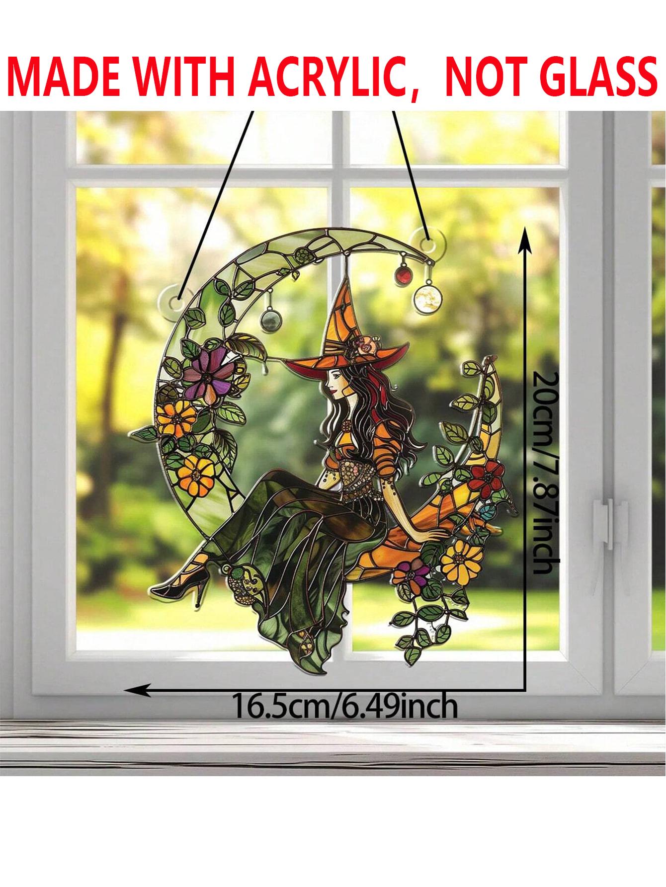 

Acrylic Halloween Witch on Moon Suncatcher, Colorful Floral, Art Leaf, Crescent Moon Hanging Window Ornaments for Home & Garden