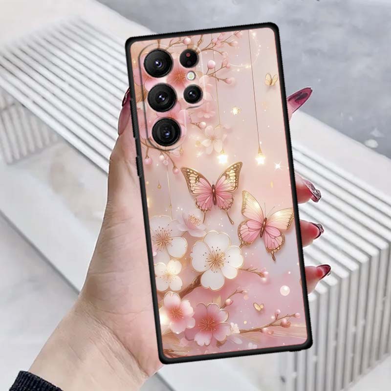 Butterfly flower pattern Phone Case For Samsung Galaxy S26 S25 S24 S23 S22 S21 S20 Ultra Plus FE 5G Black Soft TPU