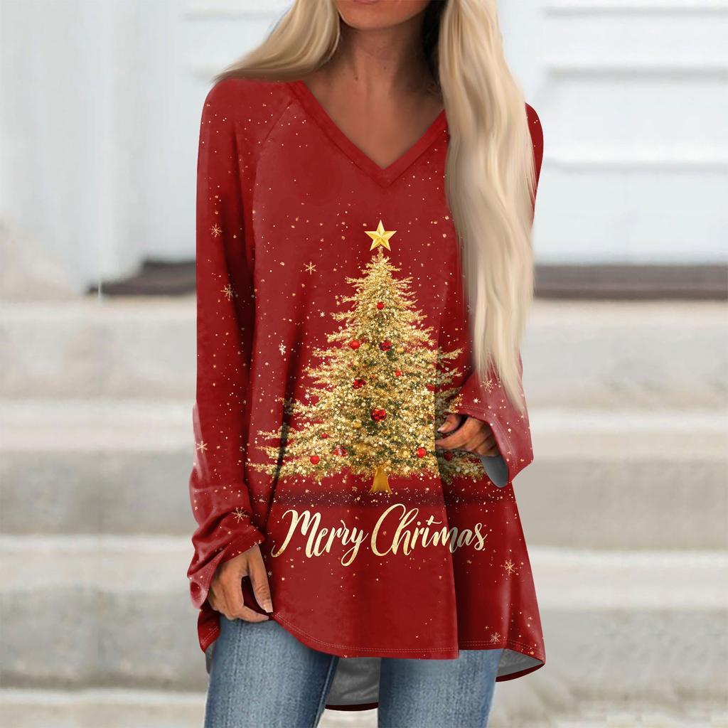 Women's Fashion Casual T-shirt Printing Long Sleeve V-neck Medium Long Top