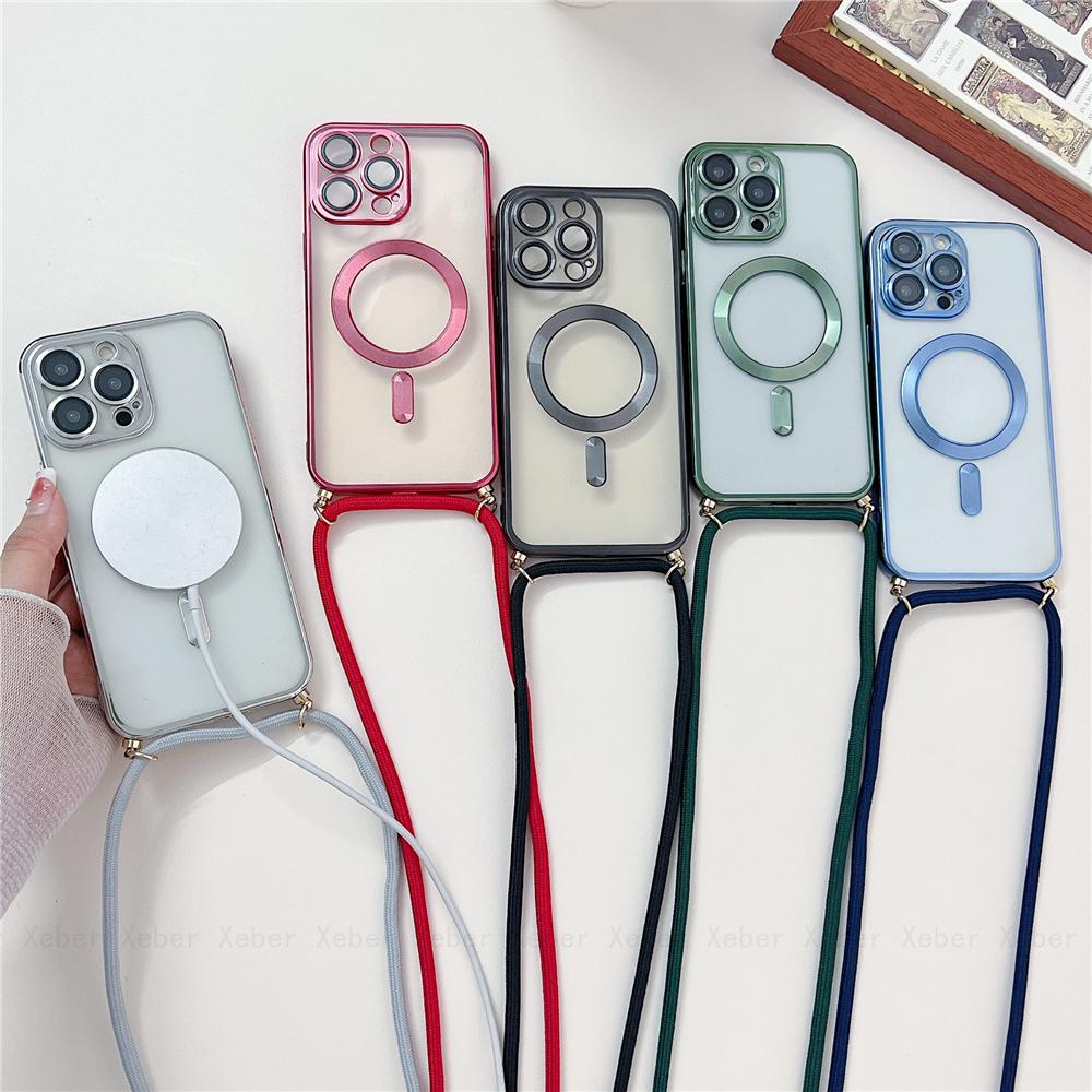 Crossbody Necklace Lanyard Magnet For Magsafe Wireless Charging Case For iPhone 17 16 15 13 12 11 14 Pro Max Plating Clear Cover