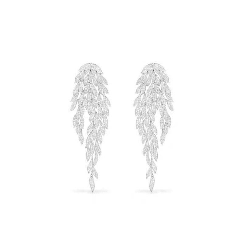 Luxury Brand Jewelry Wedding Party Long Temperament Leaf Tassel Dangle Earrings Micro Pave Cubic Zirconia Fashion Earring