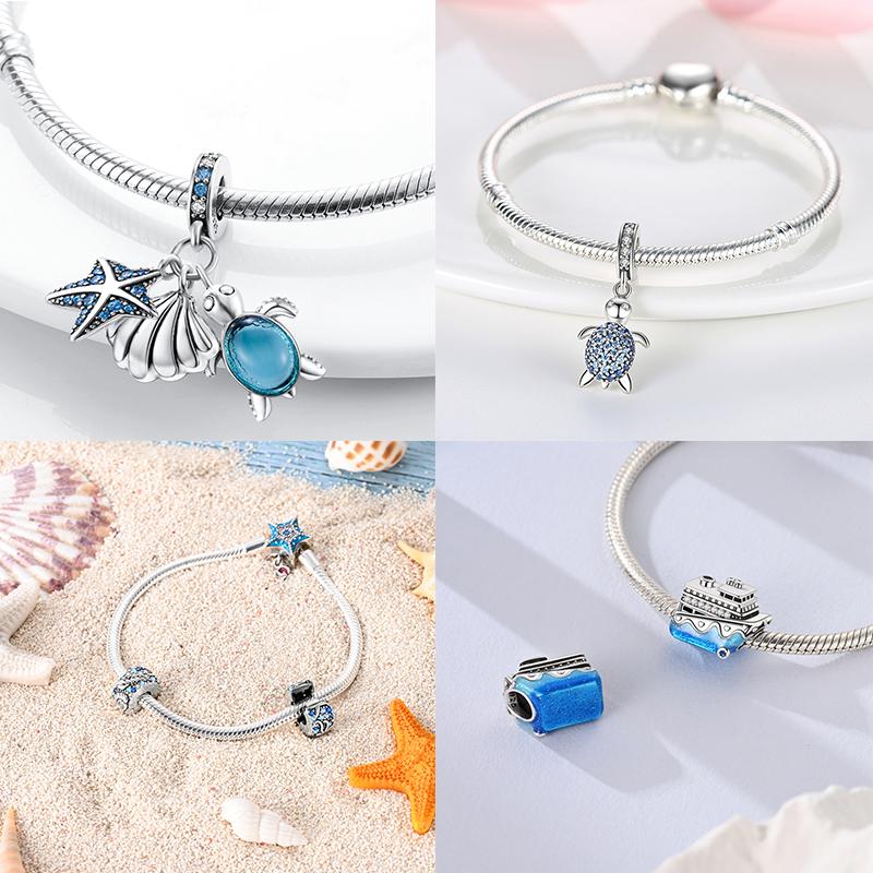 Mula Koppar Blå Resa Flygplan Berlocker Hänge Pärlor Passar Originalpan Armband Smycken För Kvinnor Diy Gåva