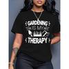 Women's Gardening Therapy Graphic Tee, Black Crew Neck Short Sleeve Casual Top for Plant Lovers