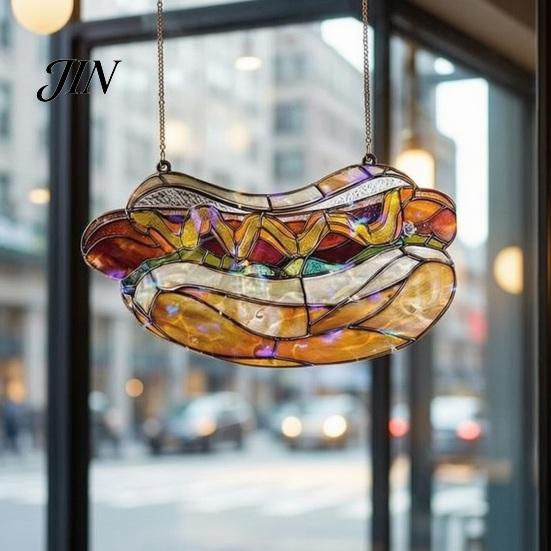 Lightweight Window Ornaments Hot Dog Stained Glass Acrylic Suncatcher, Colorful Retro Hanging Ornament with Modern Shop Soft Furnishings Metal Chain,