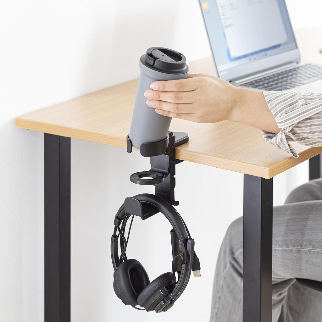 Sanwa Supply Headphone hook with drink holder PDA-STN71BK