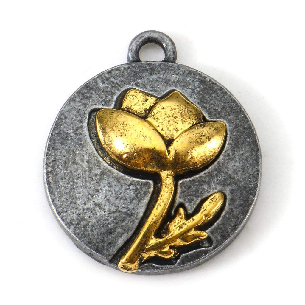 10pcs Vintage Birth Month Flower Charms Antique Gold Color Round Flower Pendants DIY Necklace Women Party Jewelry 20mm x 17.5mm