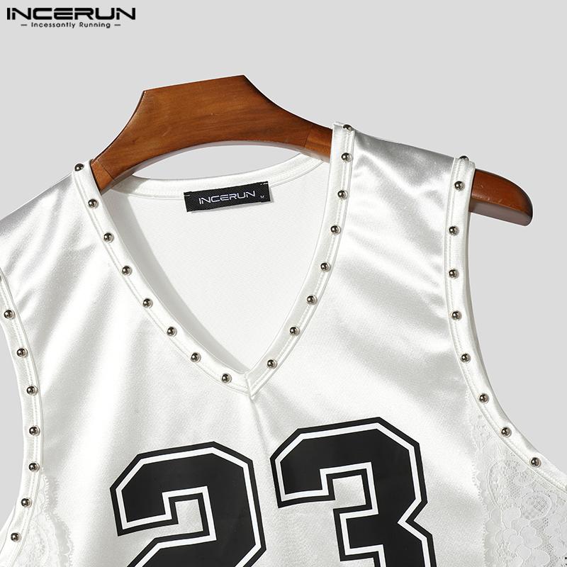 INCERUN Men V Neck Sleeveless Letter Print Lace Patchwork Casual Tank Tops