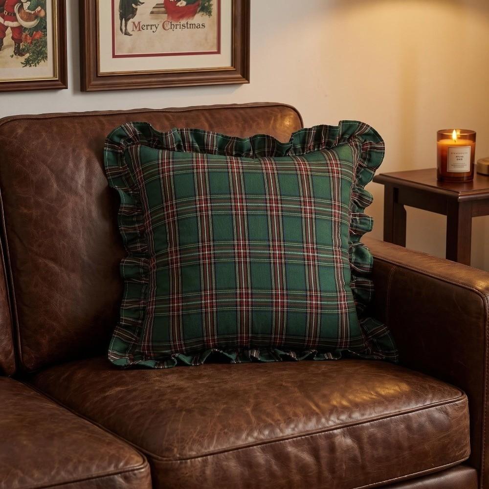 Ruffle Trim Throw Pillow Covers Tartan Plaid Cushion Covers Cozy Checkered Pillowcase Indoor Use