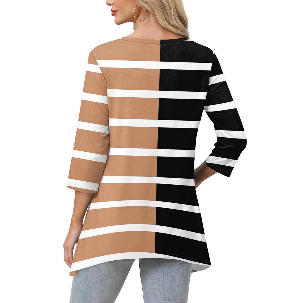 Womens Tops V-neck 3/4 Sleeve Blouses Casual Mid-length Shirts Fashion Print Tunic Tops