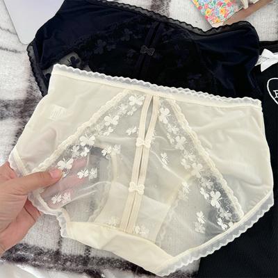 Culotte en dentelle semi-transparente pure avec nœud et bordure pour femme, slip fin, confortable, respirant et sexy, culotte en pur coton à l'entrejambe