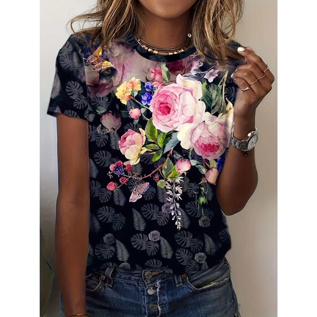 Summer Fashion Ladies T Shirt Beautiful Floral Pattern Printed Tee Round Neck Short Sleeve Regular Tops Women's T-Shirt