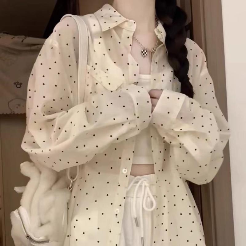 Korean-style Mid-length Polka Dot Shirt Coat for Women Thin Style In Summer Loose and Lazy Style Mi-style Layering Sunscreen Shirt