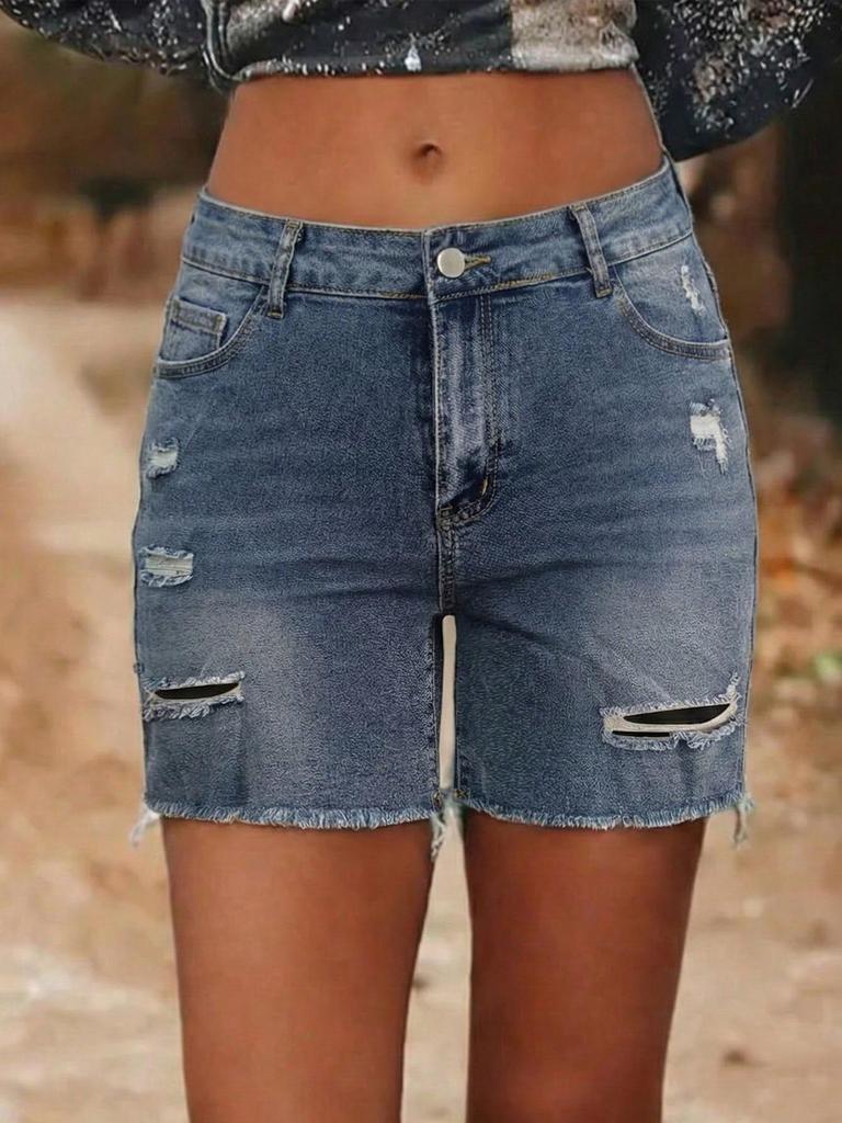 2026 Plus Size Mid-Waist Stretch Ripped Raw Hem Denim Shorts