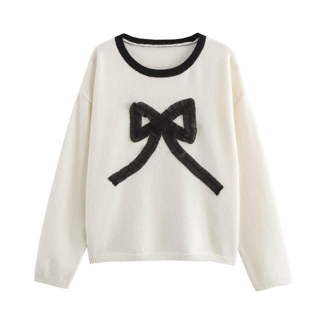 2024 Autumn Women's European & American Style 3D Bow Color Block Round Neck Knit Sweater