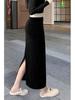 Women's Autumn/Winter Black Velvet Slimming Long Skirt with Thick Lining and Slit