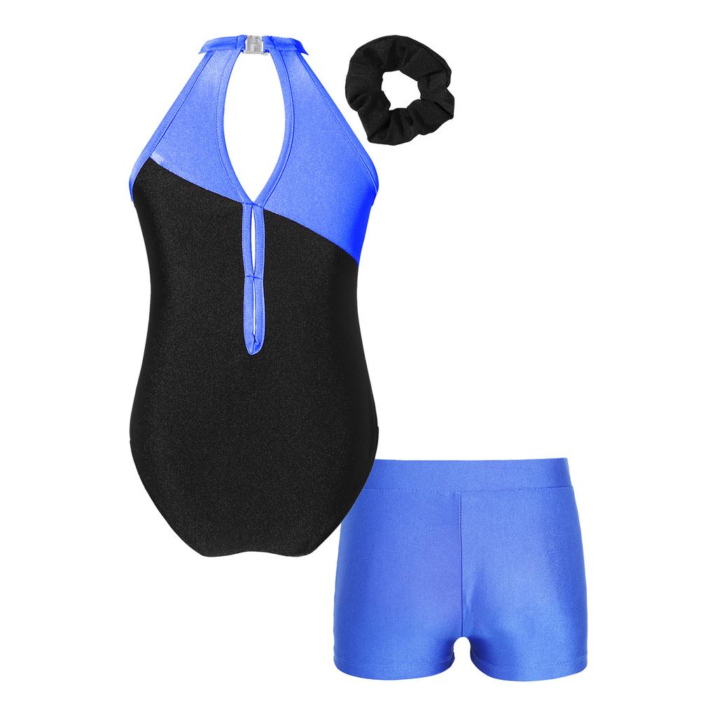 Mädchen ärmellos Strasssteine Patchwork Trikot Haarreif V-Ausschnitt Bundshorts Tanz Gymnastik Set